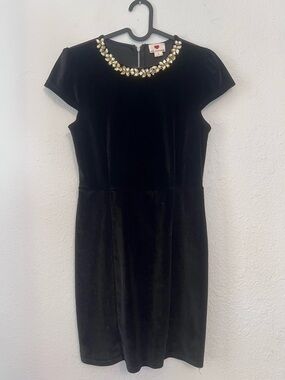 one clothing Black Velvet Mini Dress with Gold Jewel Neck